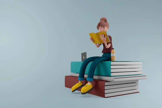 Free PSD | Woman reading a book while sitting on book on isolated background 3d illustration cartoon characters