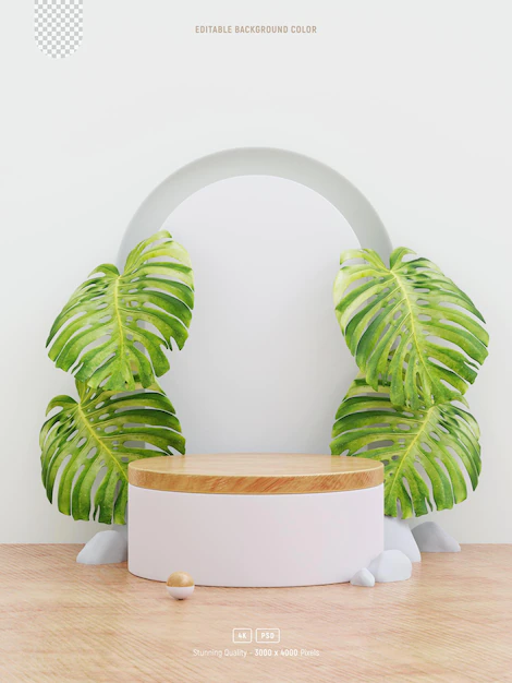 Free PSD | Wood podium mockup for product presentation decorated with monstera leaves 3d rendering