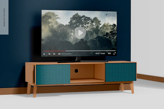 Free PSD | Wood tv cabinet mockup