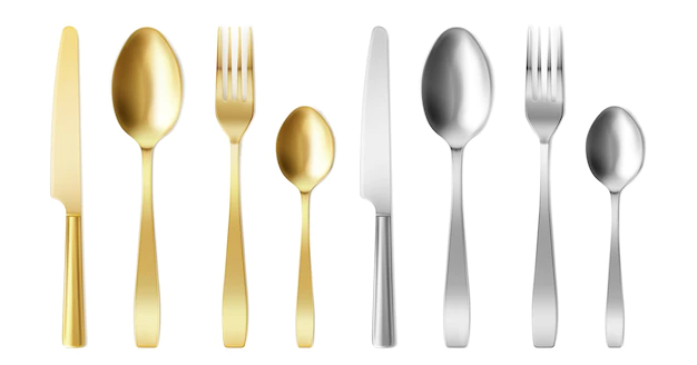 Free Vector | 3d cutlery of golden and silver color fork, knife and spoon set.