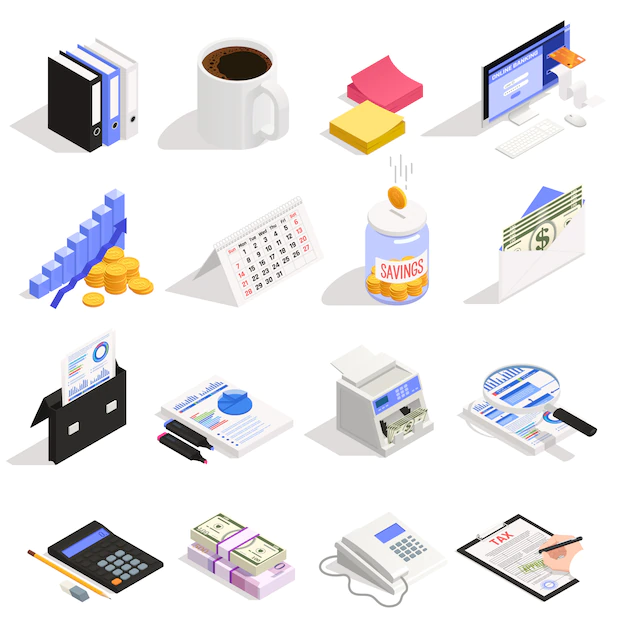 Free Vector | Accounting set of isometric icons with money savings online banking tax calculation and documentation