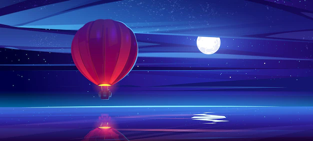 Free Vector | Air balloon flying above sea water at night sky with full moon, stars and clouds scenery background. aerial travel with beautiful ocean landscape view. journey, adventure cartoon vector illustration