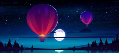 Free Vector | Air balloons flying at night starry sky with full moon and clouds over lake with rocks and conifers trees. aerial flight travel, midnight scenery landscape, cartoon vector illustration, background