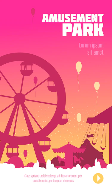 Free Vector | Amusement park poster with ferris wheel carousel and circus tent silhouettes at sunset background  illustration