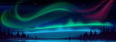 Free Vector | Arctic aurora borealis over night lake in starry sky polar lights natural landscape northern amazing iridescent glowing wavy illumination shining above water surface cartoon illustration