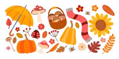 Free Vector | Autumn collection of decorative season elements such as umbrella, mushroom, leaf, flower, scarf, pumpkin, insect, ladybug and bee, vector illustration isolated