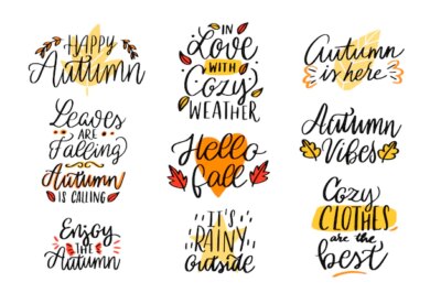 Free Vector | Autumn lettering collection. happy autumn. in love with cozy weather. it's rainy outside