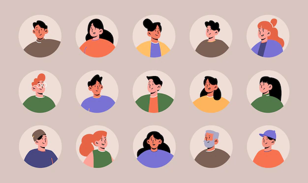 Free Vector | Avatars set with people face for social media or profile in app. vector flat collection of men and women heads in circle frame, female and male characters portraits with different hairstyle
