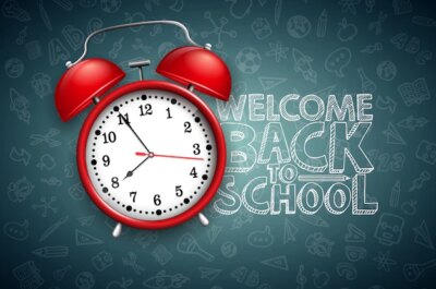 Free Vector | Back to school lettering with red alarm clock and typography on black chalkboard