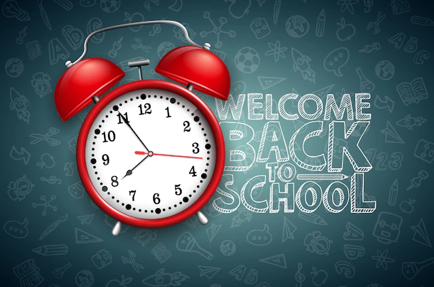 Free Vector | Back to school lettering with red alarm clock and typography on black chalkboard