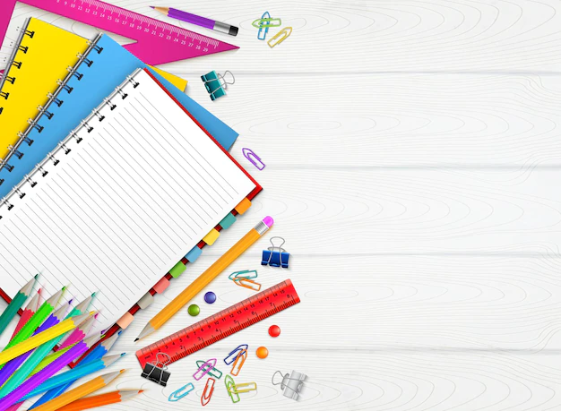 Free Vector | Back to school realistic background with colorful stationary on wooden surface