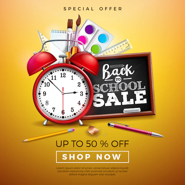 Free Vector | Back to school sale banner with alarm clock and black chalkboard