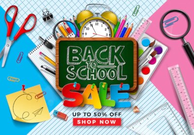 Free Vector | Back to school sale design with learning items on square grid and line background