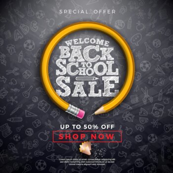 Free Vector | Back to school sale with graphite pencil, brush and typography letter black chalkboard background