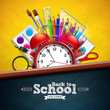 Free Vector | Back to school with alarm clock and colorful pencil on yellow