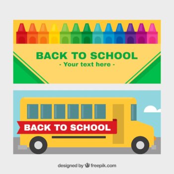 Free Vector | Banners of school bus and crayons