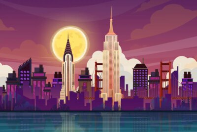Free Vector | Beautiful scene with chrysler building and empire state building, world famous american tourist attraction symbol.international architecture landmarks design postcard or travel poster, illustration.