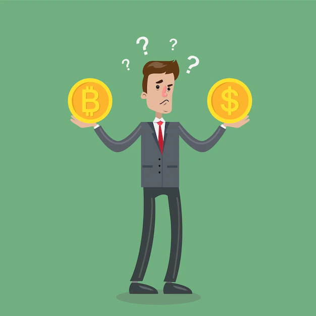 Free Vector | Bitcoin or dollar choice businessman with cuttency with question marks