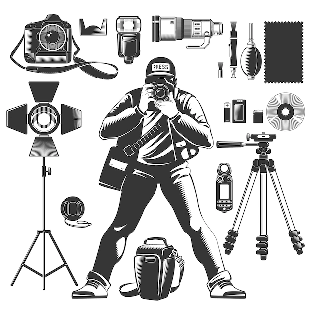 Free Vector | Black vintage photographer icon set with man and equipments elements for work