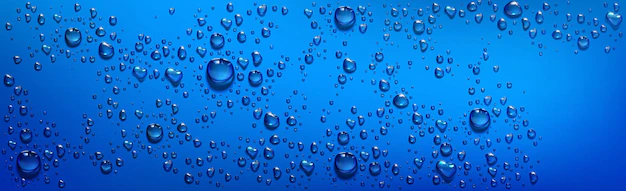 Free Vector | Blue background with clear water droplets. vector realistic illustration of wet blue surface with condensation of steam in shower or fog, transparent aqua drops from dew or rain on window glass