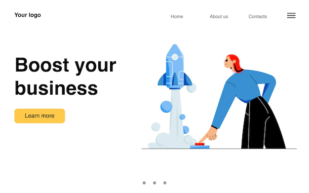 Free Vector | Boost your business banner concept of fast launch and development project start up vector landing page of startup strategy with flat illustration of woman pushing button and flying rocket