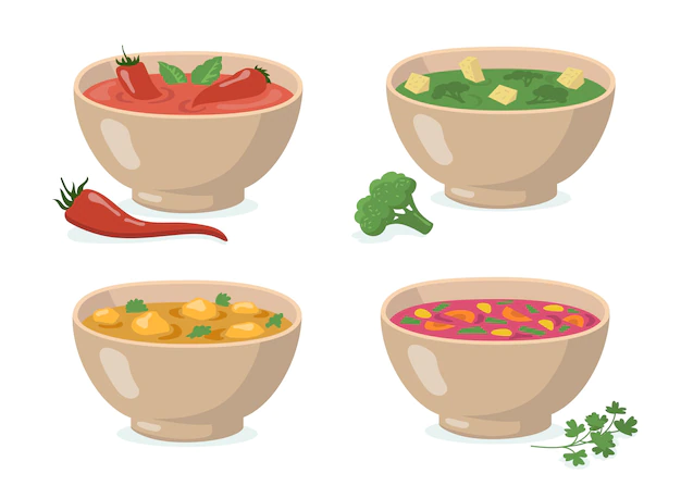 Free Vector | Bowls of soups set. tomato gazpacho with red hot pepper, broccoli green puree, curry with mushrooms, traditional borscht. for cooking vegetables, cream soup, eating, healthy food
