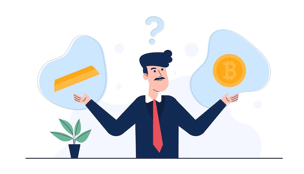 Free Vector | Business people with balance scales gold vs cryptocurrency concept
