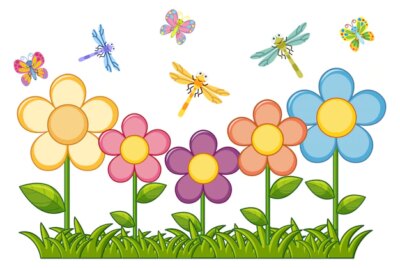 Free Vector | Butterflies and dragonflies in flower garden
