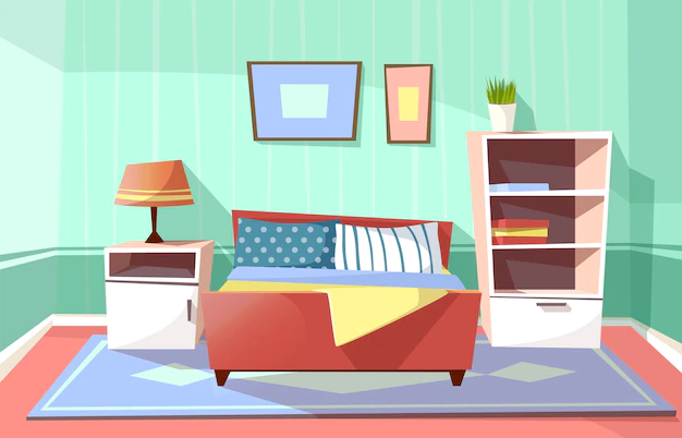 Free Vector | Cartoon bedroom interior background template. cozy modern house room concept.