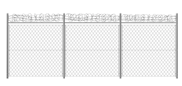 Free Vector | Chain-link, rabitz fence fragment with metallic pillars and barbed or razor wire 3d realistic vector illustration isolated. secured territory, protected area or prison fencing