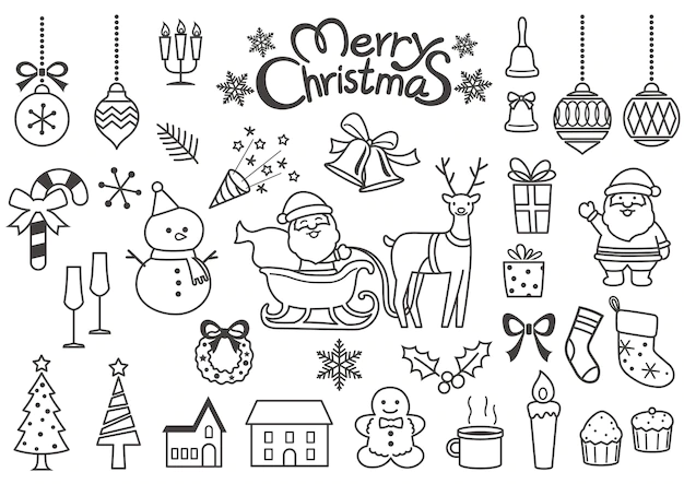 Free Vector | Christmas elements vector line drawing set isolated on a white background