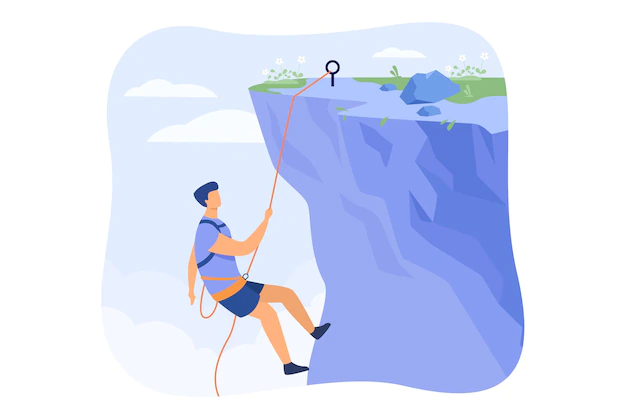Free Vector | Climber hanging on rope and pulling himself on top of rocky mountain wall. extreme mountaineer climbing on cliff. for sport, outdoor activity, risk, alpinist concept