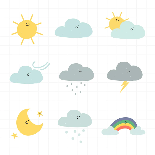 Free Vector | Clouds weather  sticker with smiling face cute doodle set for kids