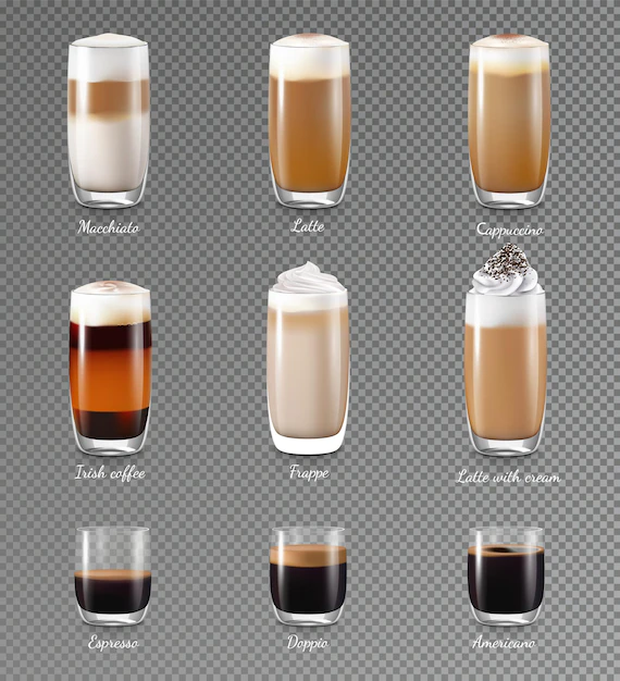 Free Vector | Coffee drinks transparent realistic set with latte and frappe isolated vector illustration