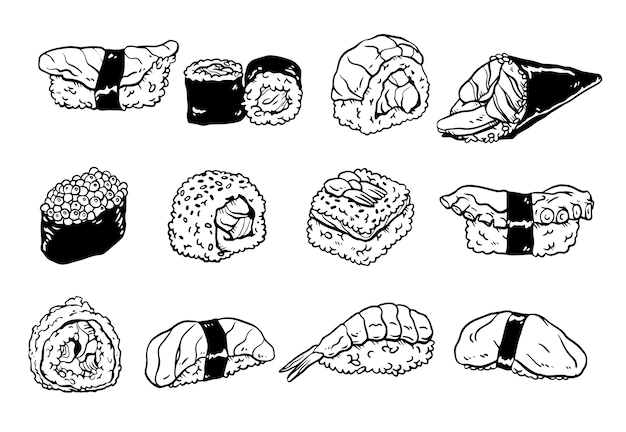 Free Vector | Collecton of handrawn sushi doodles