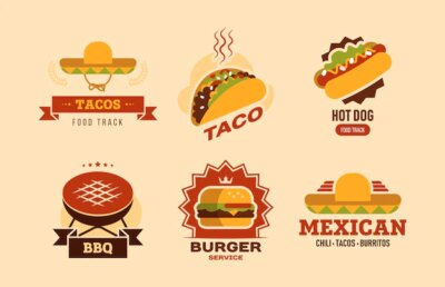 Free Vector | Colorful fast food flat logo set. fastfood cafe with taco, hot dog, burger, burritos and bbq vector illustration collection. food delivery and nutrition concept