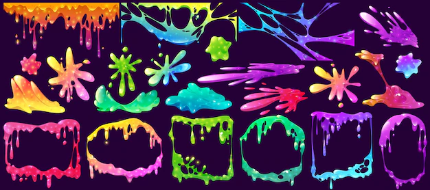 Free Vector | Colorful slime frames splashes spots and elements isolated vector set liquid toxic ooze borders with blobs and dripping bright vibrant sticky goo jelly or syrup fluid splats cartoon illustration