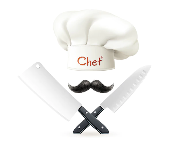 Free Vector | Composition from hat of chef with red lettering mustache and crossed knives on white background vector illustration
