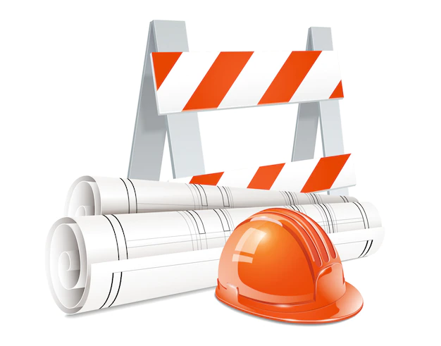 Free Vector | Construction concept set of road barrier orange helmet and roll of engineering drawings realistic elements
