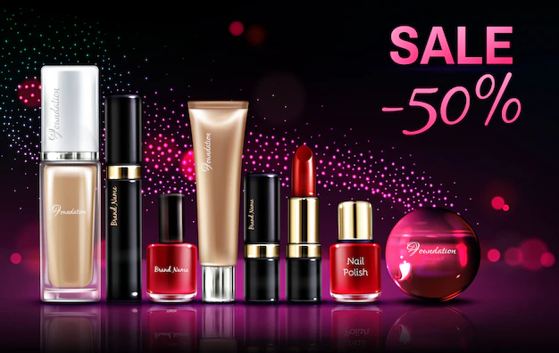 Free Vector | Cosmetics beauty products for makeup sale banner with glowing neon background and pink sparkles