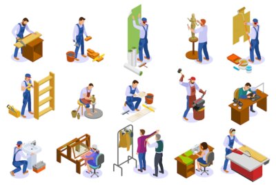 Free Vector | Craftsman isometric icons set with hand loom weaver carpenter sculptor tailor potter at work isolated