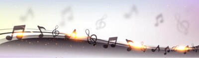 Free Vector | Creative banner design with abstract waves, musical notes and golden lens flare effect.