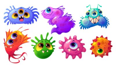 Free Vector | Cute bacteria, germ and virus characters isolated on white background. vector cartoon set of funny bacterium, microorganism and biology cell with flagella and faces