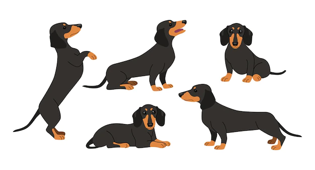 Free Vector | Cute dachshund in different poses cartoon illustration set. black dog sitting, lying, standing on two paws, performing commands on white background. pet, domestic animal, friend concept