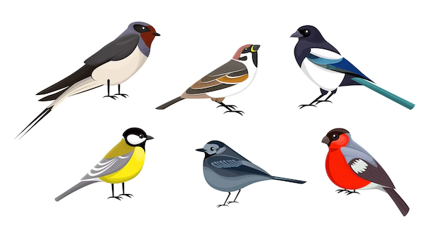 Free Vector | Cute little birds set. vector illustrations of sitting small animals, side view. cartoon collection with magpie swallow sparrow bullfinch titmouse isolated white. nature, wildlife, fauna concept