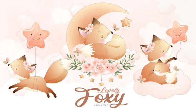 Free Vector | Cute little fox with watercolor illustration set