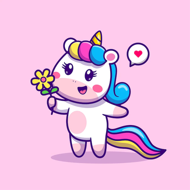 Free Vector | Cute unicorn holding flower cartoon vector icon illustration. animal nature icon concept isolated premium vector. flat cartoon style