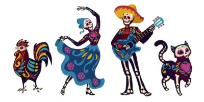 Free Vector | Day of the dead, dia de los muertos characters dancing catrina or mariachi musician