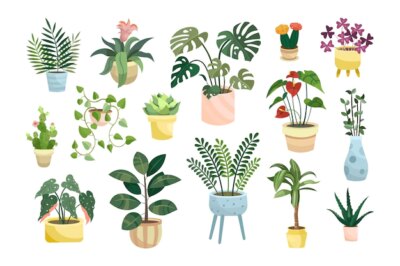 Free Vector | Different potted houseplants flat vector illustrations set. indoor flowers or plants in flowerpots or vases, alocasia, begonia in pots isolated on white background. interior, urban jungle concept