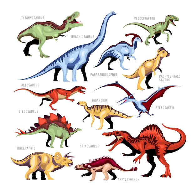 Free Vector | Dinosaur color cartoon set of different kinds of jurassic fossils persons with description isolated vector illustration